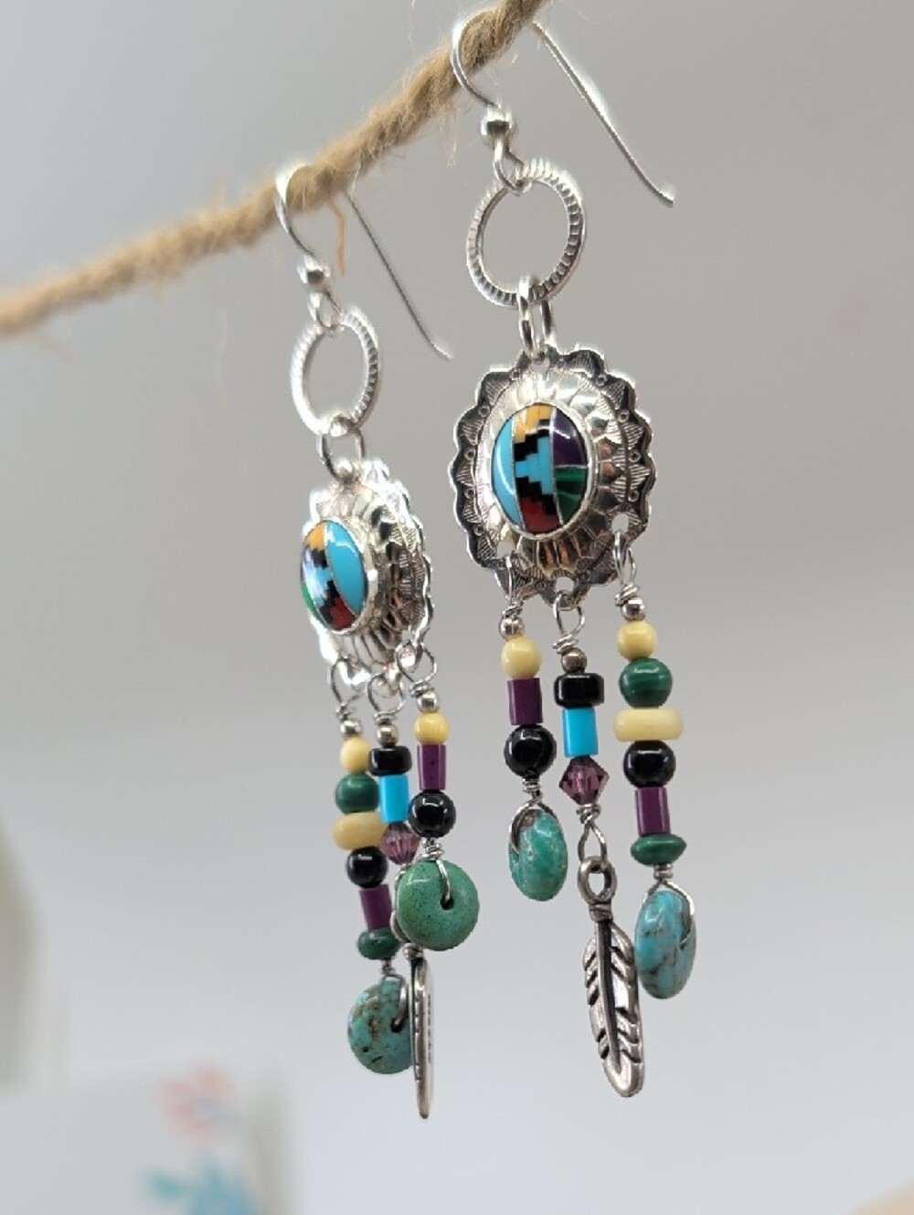 Vintage Masha 925 Sterling Inlay Concho Dreamcatcher Earrings - Picture 3 of 17